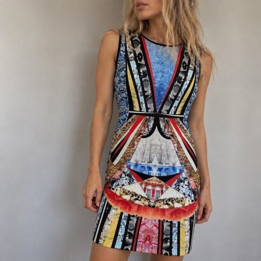 Clover Canyon Multicolor Graphic Neoprene Sheath Dress XS Y2K Maximalist Art